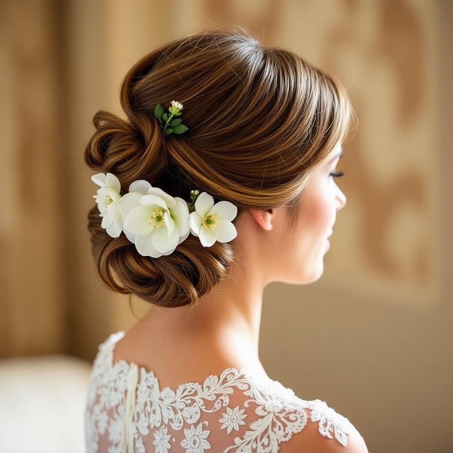 Bridal updo with floral accessory